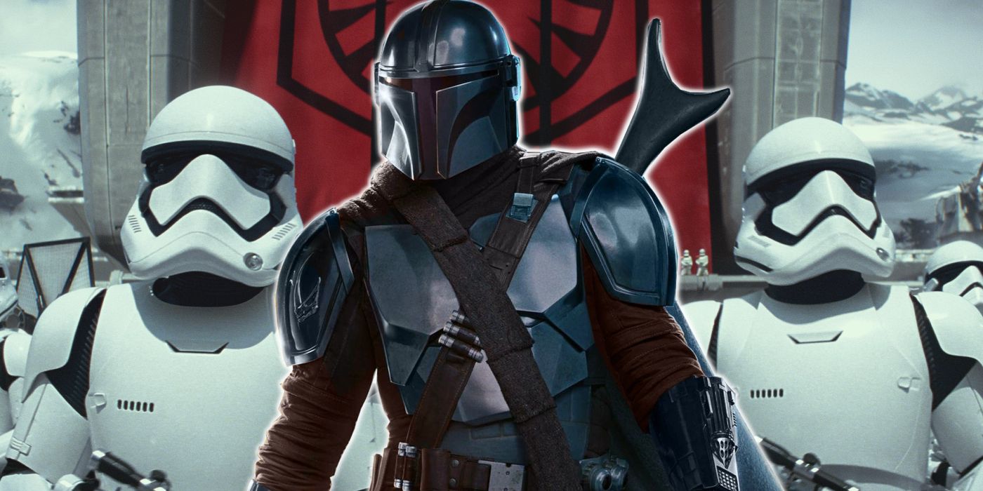 The Mandalorian in front of First Order Stormtroopers.
