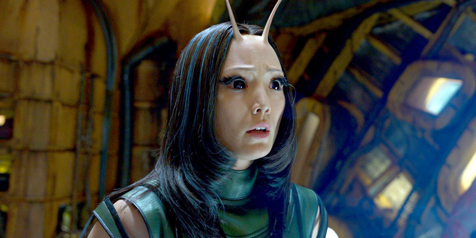 Mantis, played by Pom Klementieff standing in a derelict ship looking very concerned at her surroundings in GOTG.