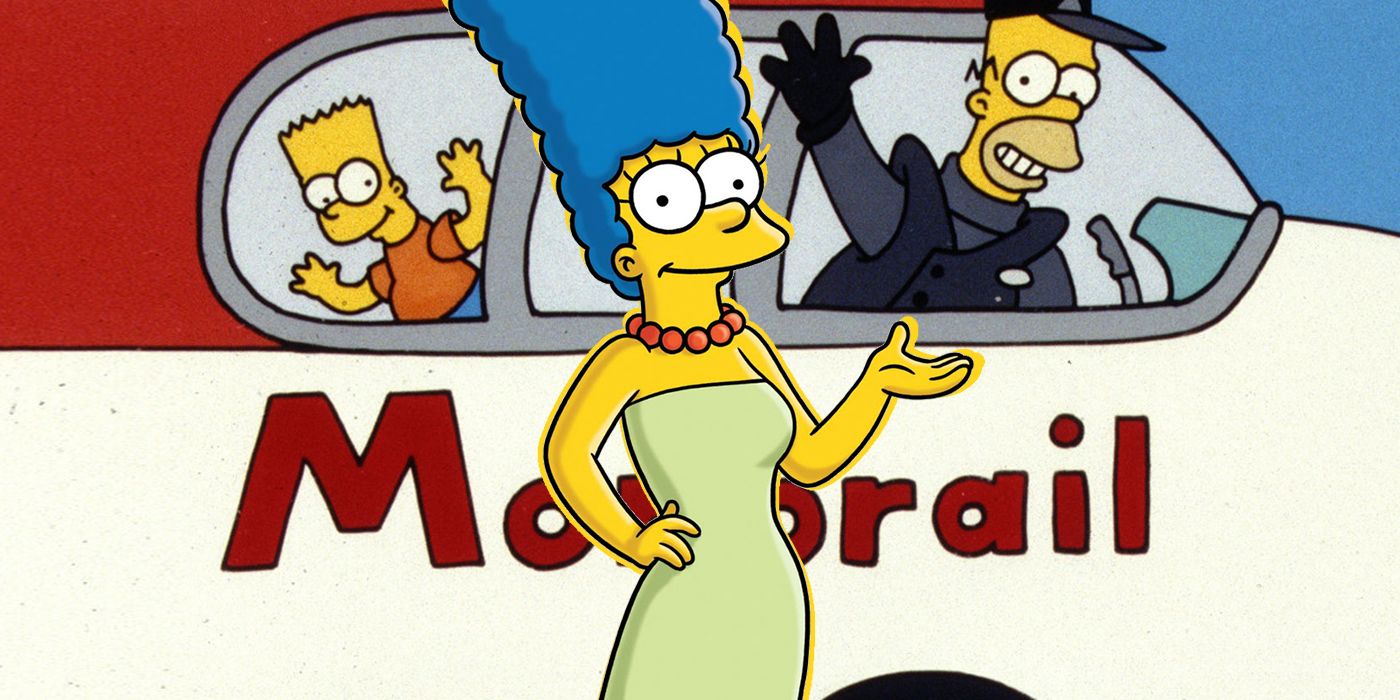 Marge Simpson stands in front of a monorail conducted by Homer and Bart