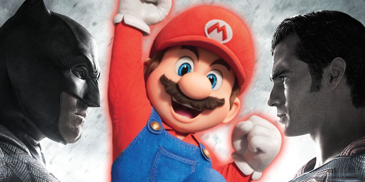 Mario from The Super Mario Bros. Movie superimposed over a poster for Batman v Superman: Dawn of Justice