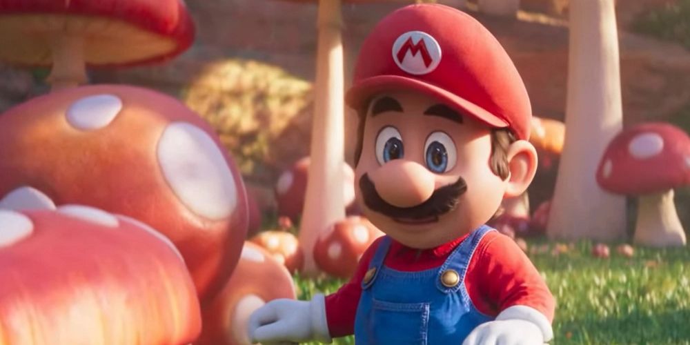 Mario looking astonished at mushrooms in The Super Mario Bros. Movie.