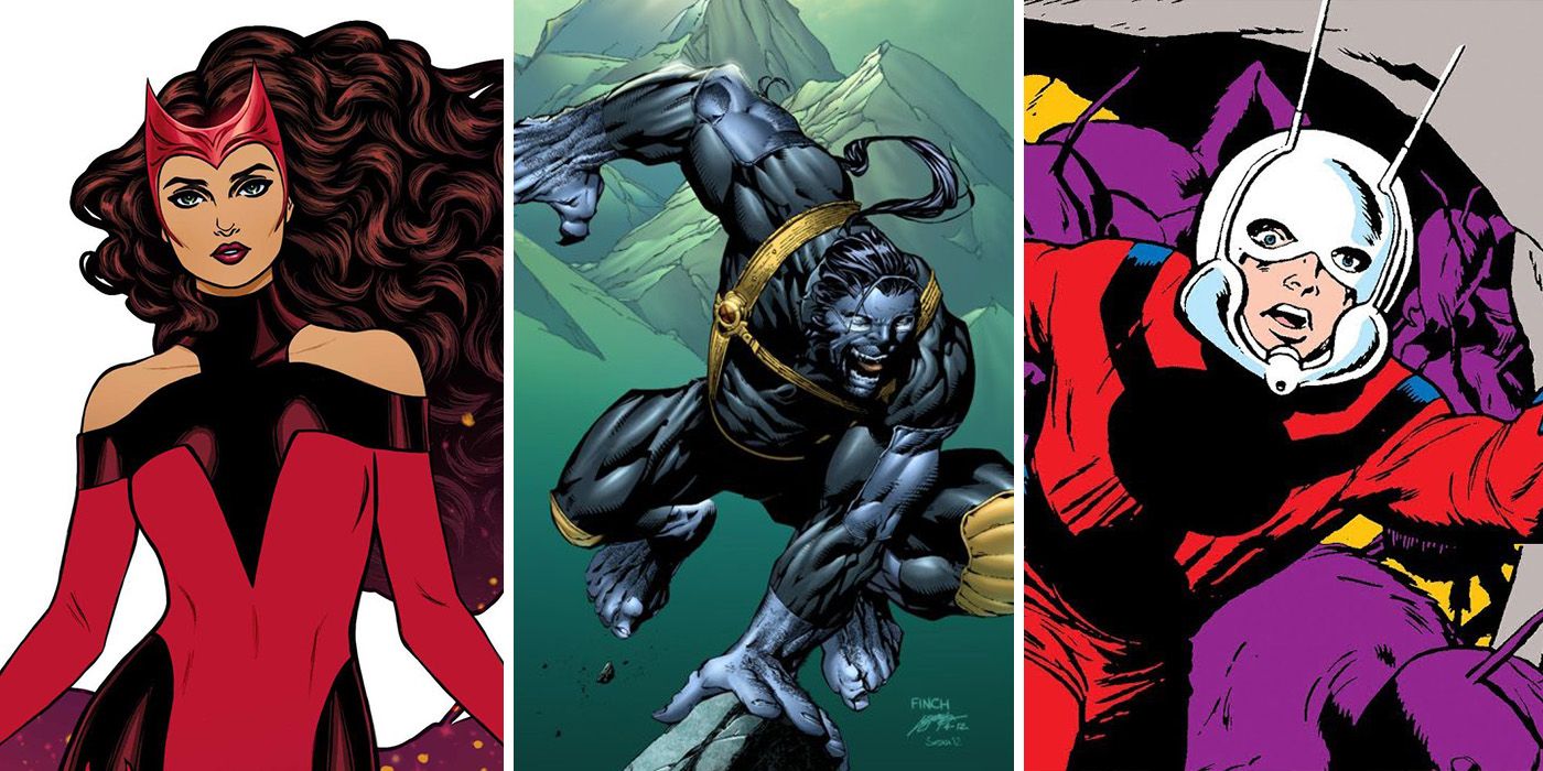 Split image: Hellfire Gala Scarlet Witch, Ultimate X-Men Beast and Silver Age Hank Pym