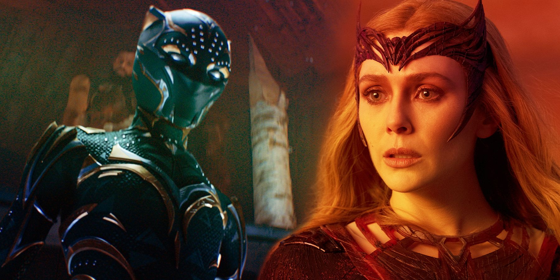 On the left, Black Panther from movie 'Black Panther: Wakanda Forever'. On the right, Scarlet Witch as seen in movie 'Doctor Strange: Multiverse of Madness'.