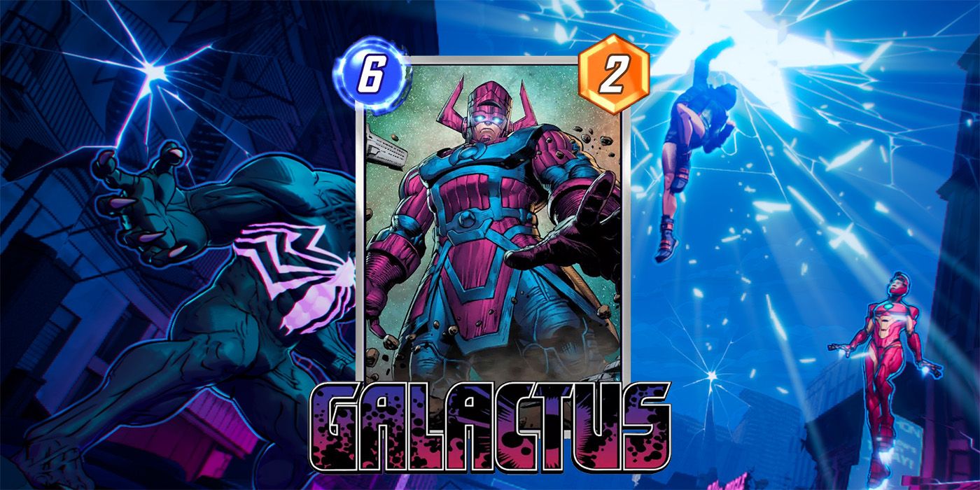 O cartão Marvel Snap Galactus sobreposto em uma imagem promocional