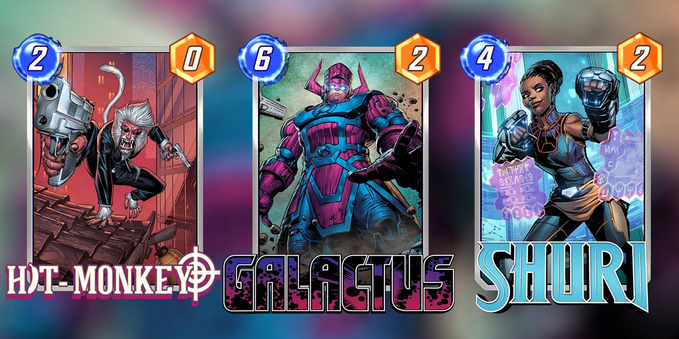 Três poderosas cartas Marvel Snap que são Shuri, Galactus e Hit-Monkey.