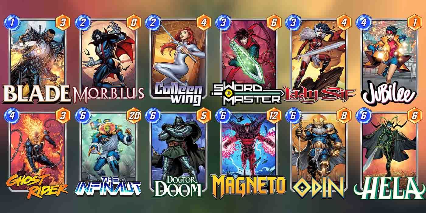 12 Marvel Snap cards from the Hela Discard Deck