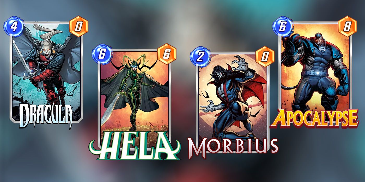 Marvel Snap cards Hela, Morbius, Apocalypse and Dracula on a blurred background.