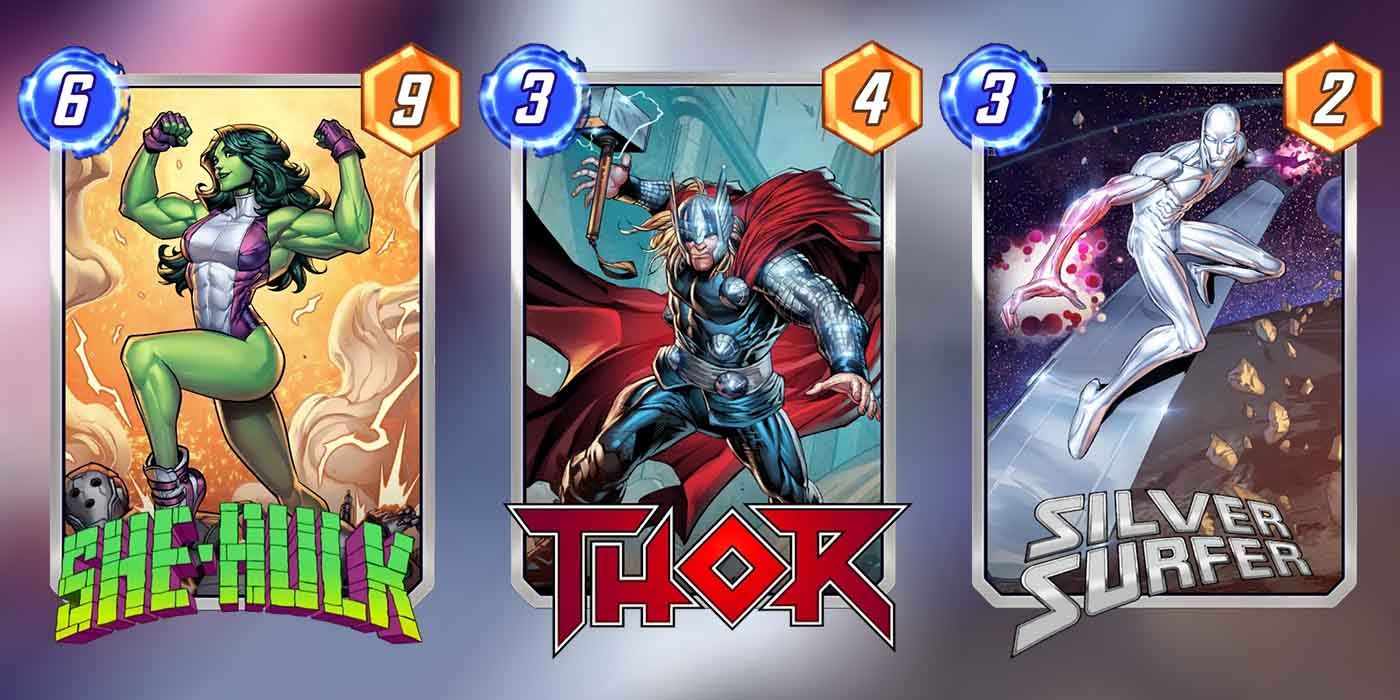 Marvel Snap cards Mulher-Hulk, Thor e Surfista Prateado