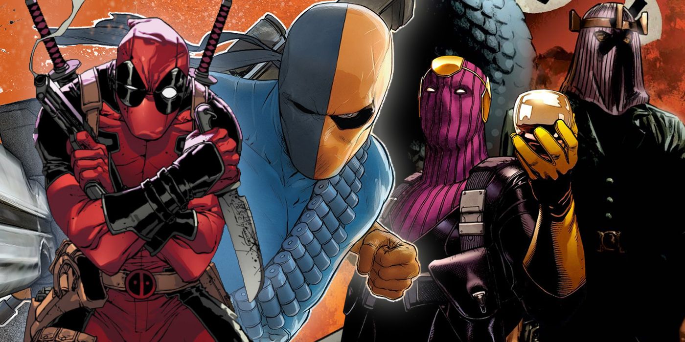 Collage of DC's Deathstroke and Marvel's Deadpool with Baron Heinrich Zemo and Baron Helmut Zemo from Marvel Comics