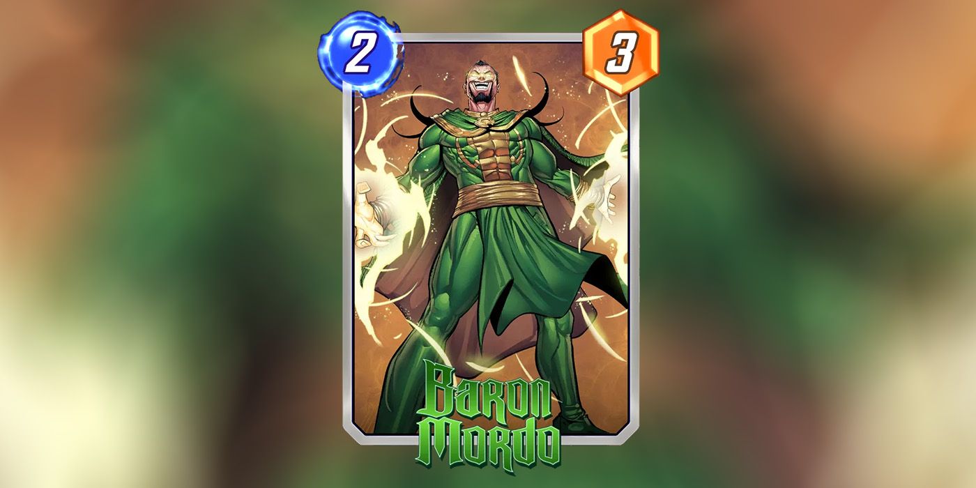 Marvel Snap card Baron Mordo em uma imagem borrada do cartão Baron Mordo.