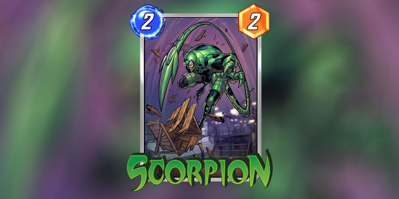 Marvel Snap card Scorpion em uma imagem borrada do cartão Scorpion.