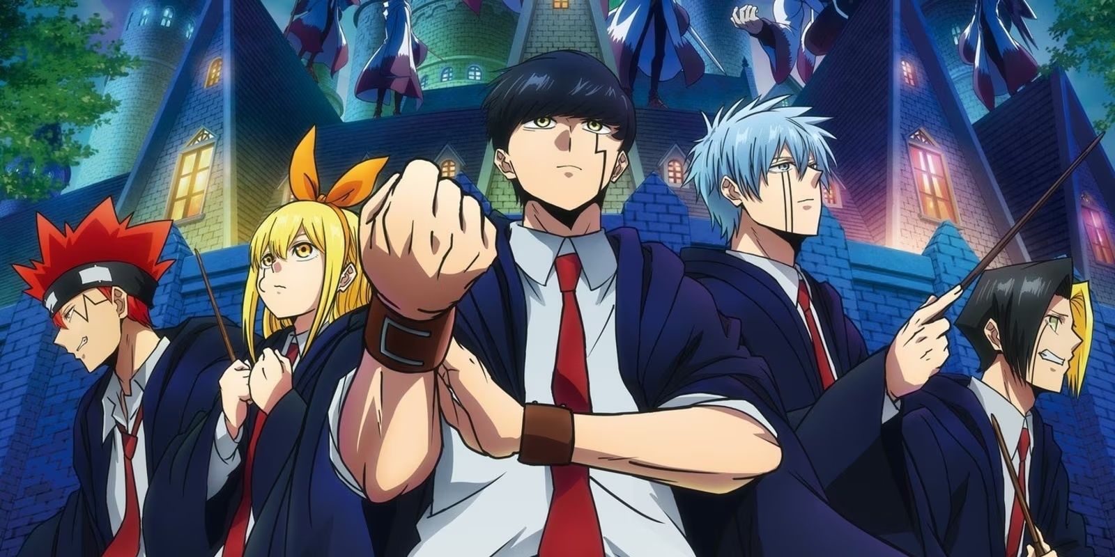 The cast of the Mashle: Magic and Muscles series looking determined.