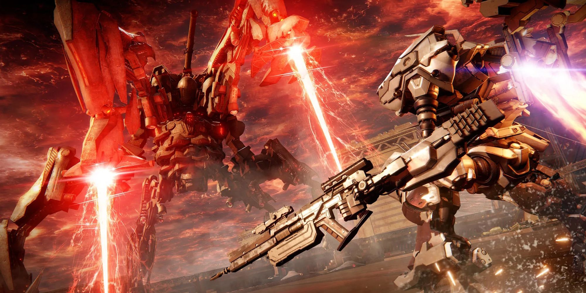 Two mechas with jet packs and laser weapons fighting each other in Armored Core VI
