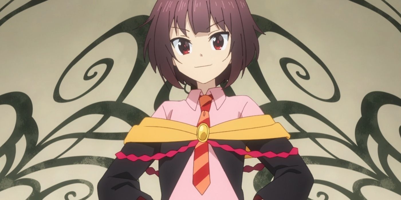 Megumin from KonoSuba Explosion looking happy in her new school uniform