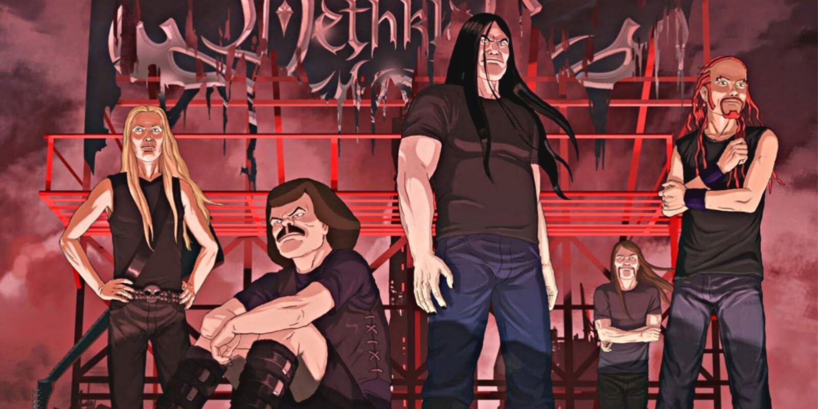 The cast of Metalocalypse posing in front of a billboard with the band's logo