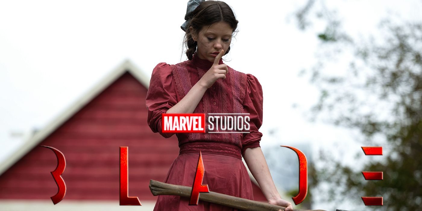 The logo of Marvel Studios' Blade reboot superimposed over an image of Mia Goth from Pearl
