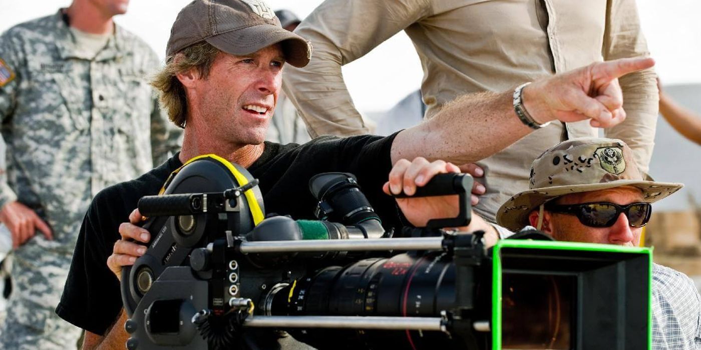 Michael Bay frames a shot on set