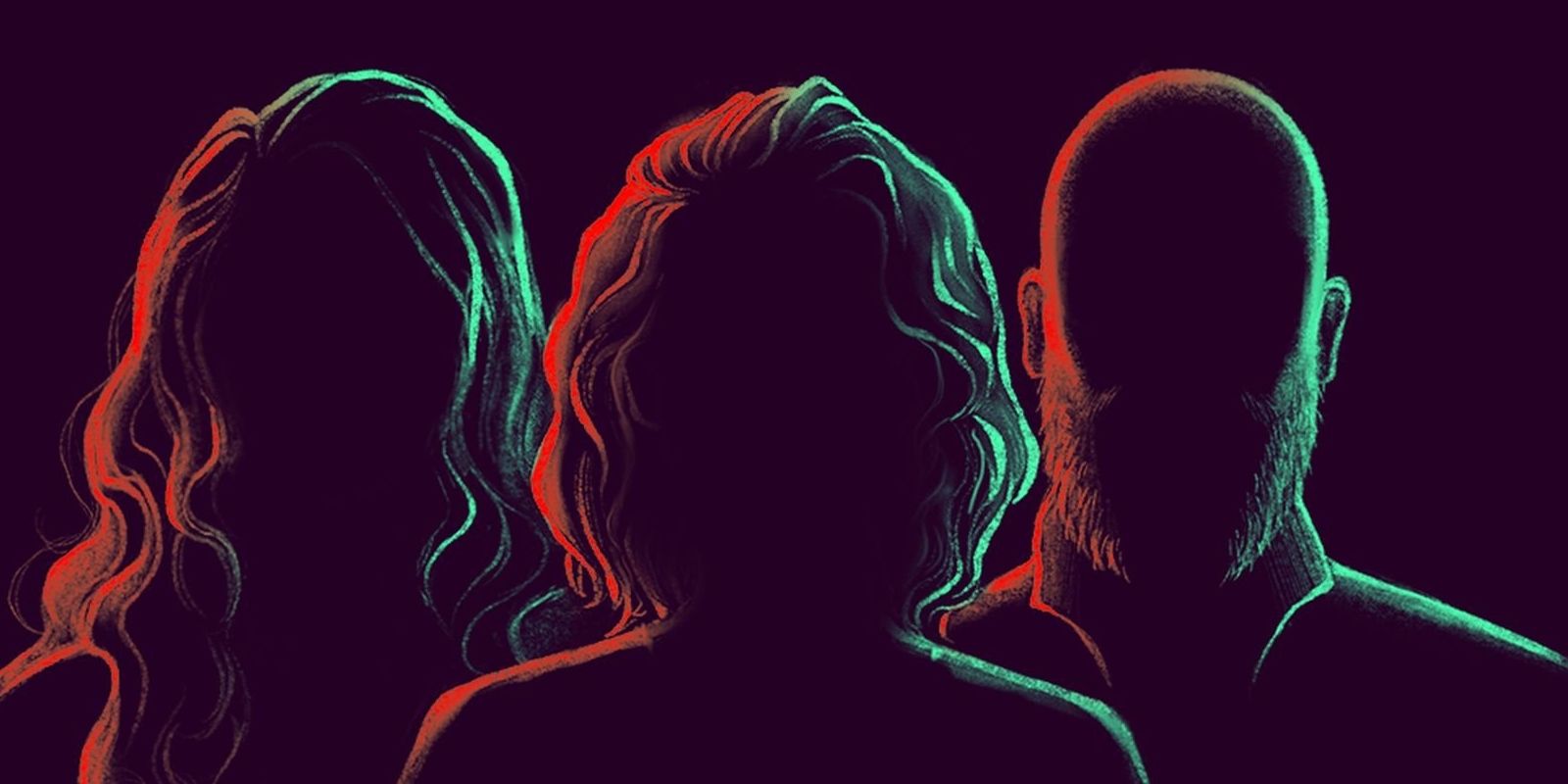 Midst keyart showing three silhouettes, one with long hair, one with short hair, and one bald with a beard
