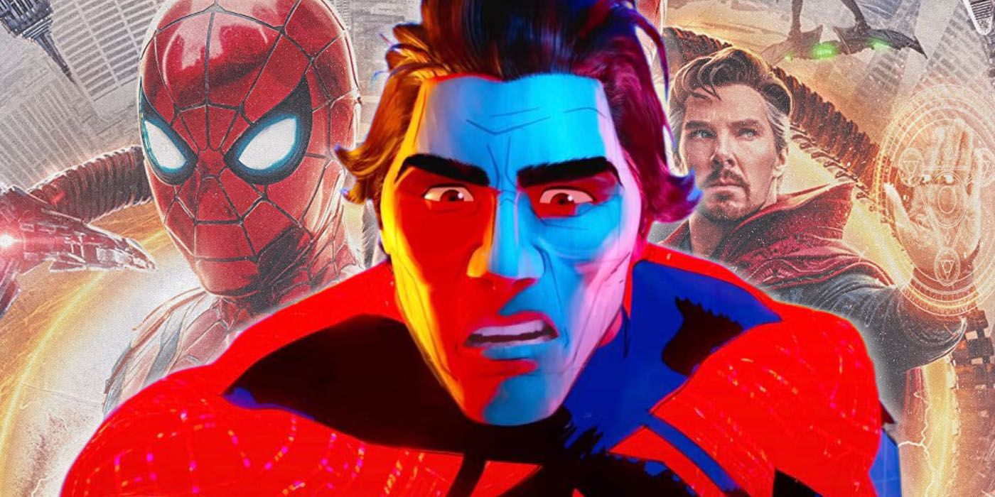 Do outro lado do Spider-Verse, Miguel O'Hara em frente ao pôster de Spider-Man: No Way Home.