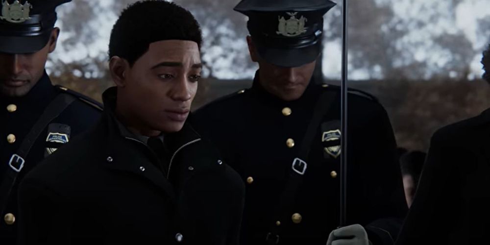 Miles Morales comparece ao funeral de Jefferson Davis em Marvel's Spider-Man: Miles Morales.