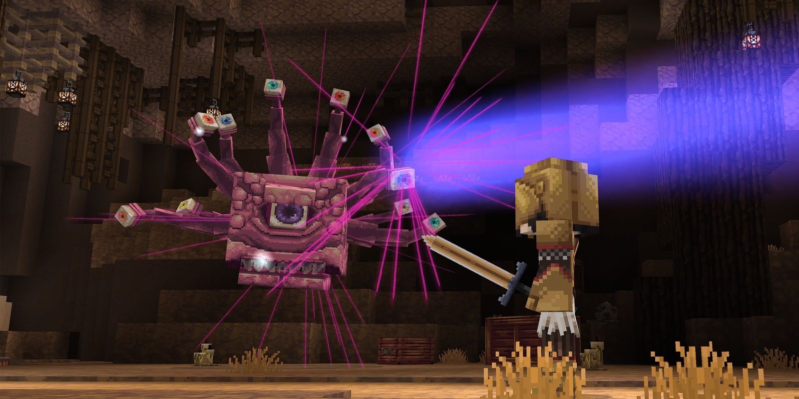 A Minecraft character with a sword facing off against a beholder