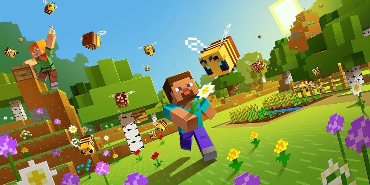 Steve caminha por um campo com Alex escalando ao fundo na arte principal do Minecraft