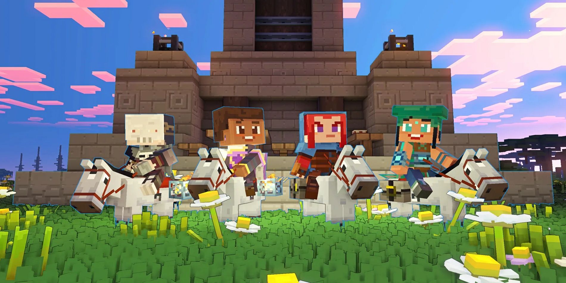 Four adventurers setting off on horseback in Minecraft Legends