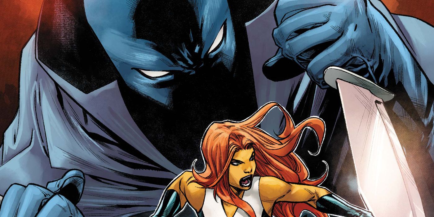 A giant Midnight Man looms over Tigra on the main cover for Marvel's Moon Knight #22 (2023).