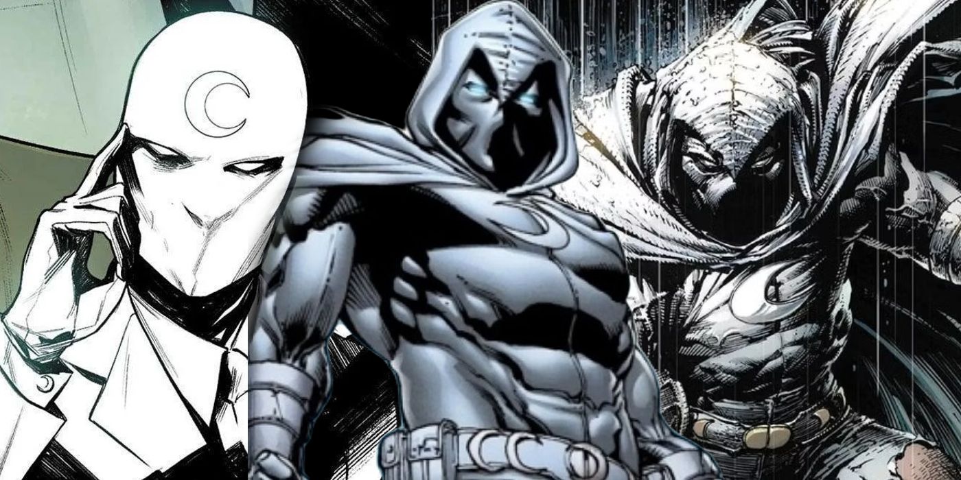 Split Image: Mr. Knight sits in his chair, Moon Knight observes the city, a darker Moon Knight prowls at night