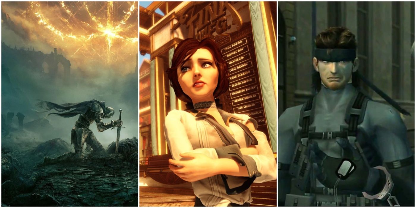 A split image showing the Tarnished in Elden Ring, Elizabeth Comstock in Bioshock Infinite, and Solid Snake in Metal Gear Solid 2: Sons of Liberty