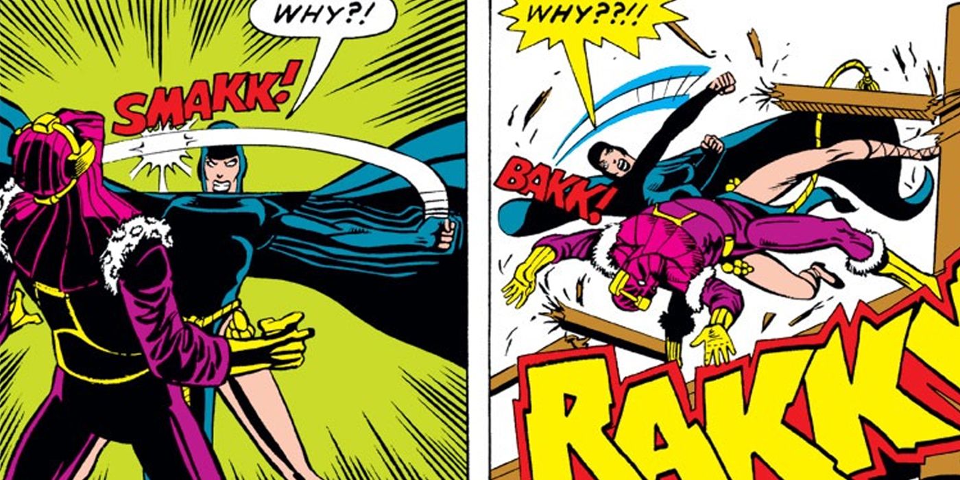 Mère supérieure battant le baron Zemo dans plusieurs panneaux de bandes dessinées