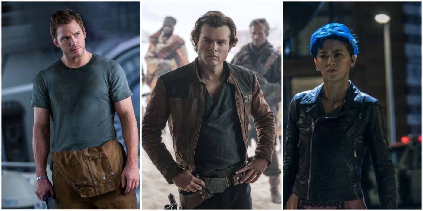 A split image showing Chris Pratt as Jim Preston in Passengers, Han Solo in Solo: A Star Wars Story, and Jessica Henwick as Bugs in The Matrix Resurrections