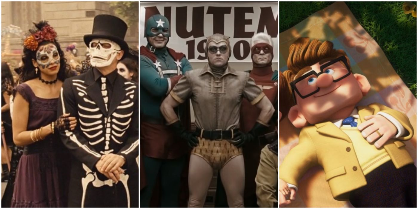 A split image of James Bond in Spectre, the Minutemen in Watchmen, and Carl in Up