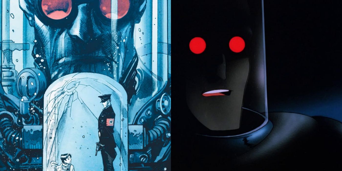 Split image of Mr. Freeze in the White Knight comics and the BTAS episode Heart of Ice.