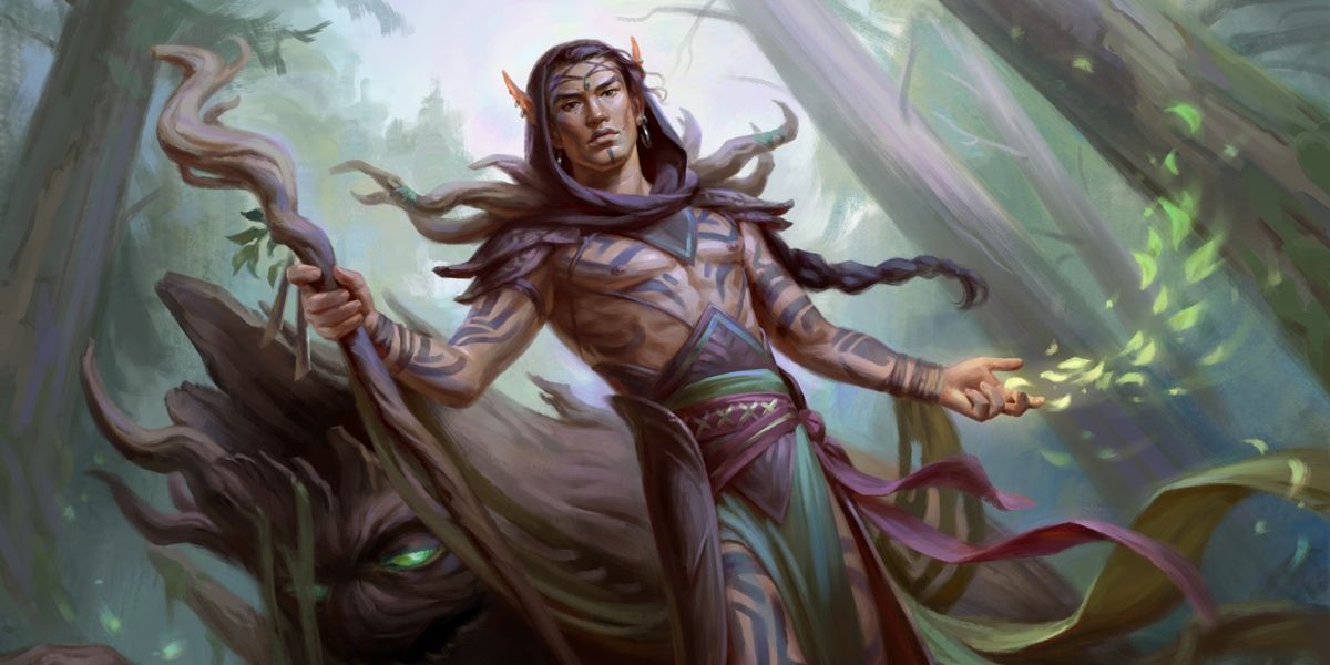 MTG art of Llanowar Loamspeaker, a elf Druid with a wooden staff creating leaves form his hand