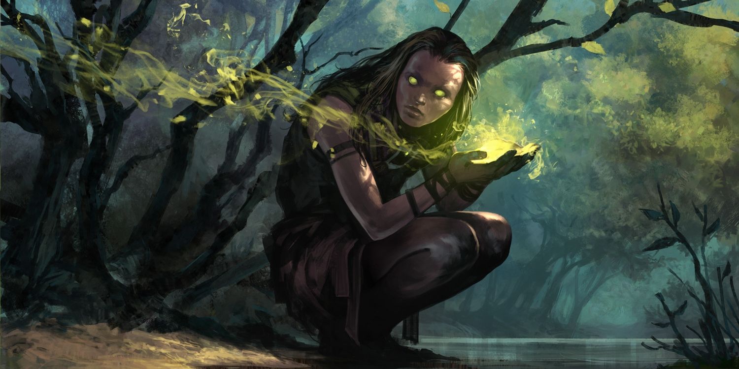 A crouching human with glowing yellow eyes & magic coming from their palms on MTG's Primal Druid card