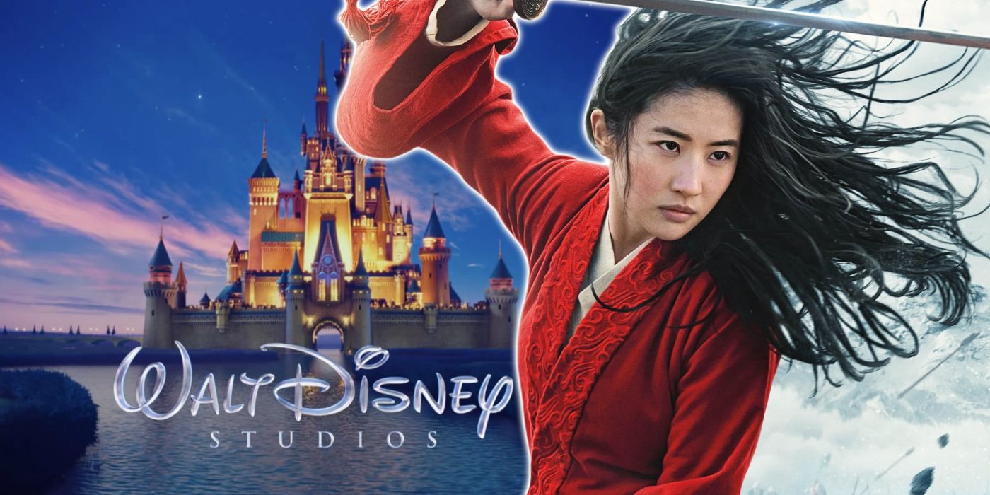 Liu Yifei as Mulan in front of the Walt Disney Studios castle logo