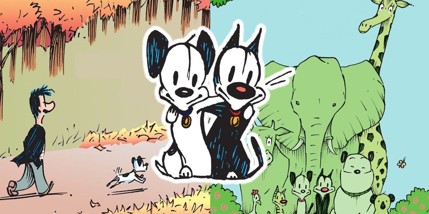 A collage of images from the comic strip Mutts by Patrick McDonnell