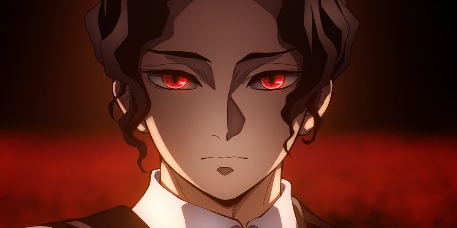 Muzan Kibutsuji in a suit with red lighting in Demon Slayer