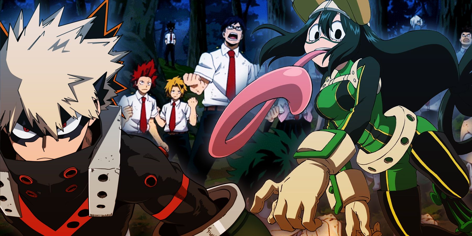 MHA's Bakugo glaring in his hero suit and Froppy leaping into action with her long tongue.
