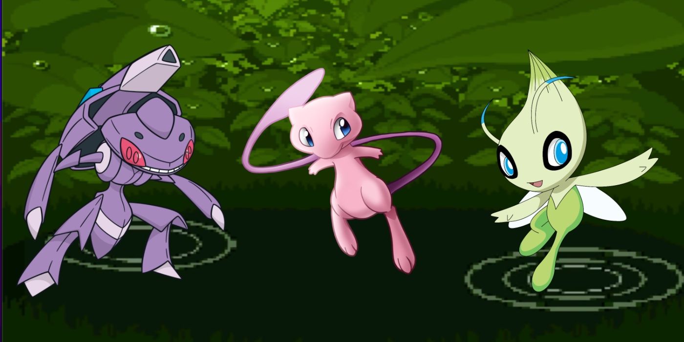 Genesect, Mew, and Celebi in front of a leafy green background.