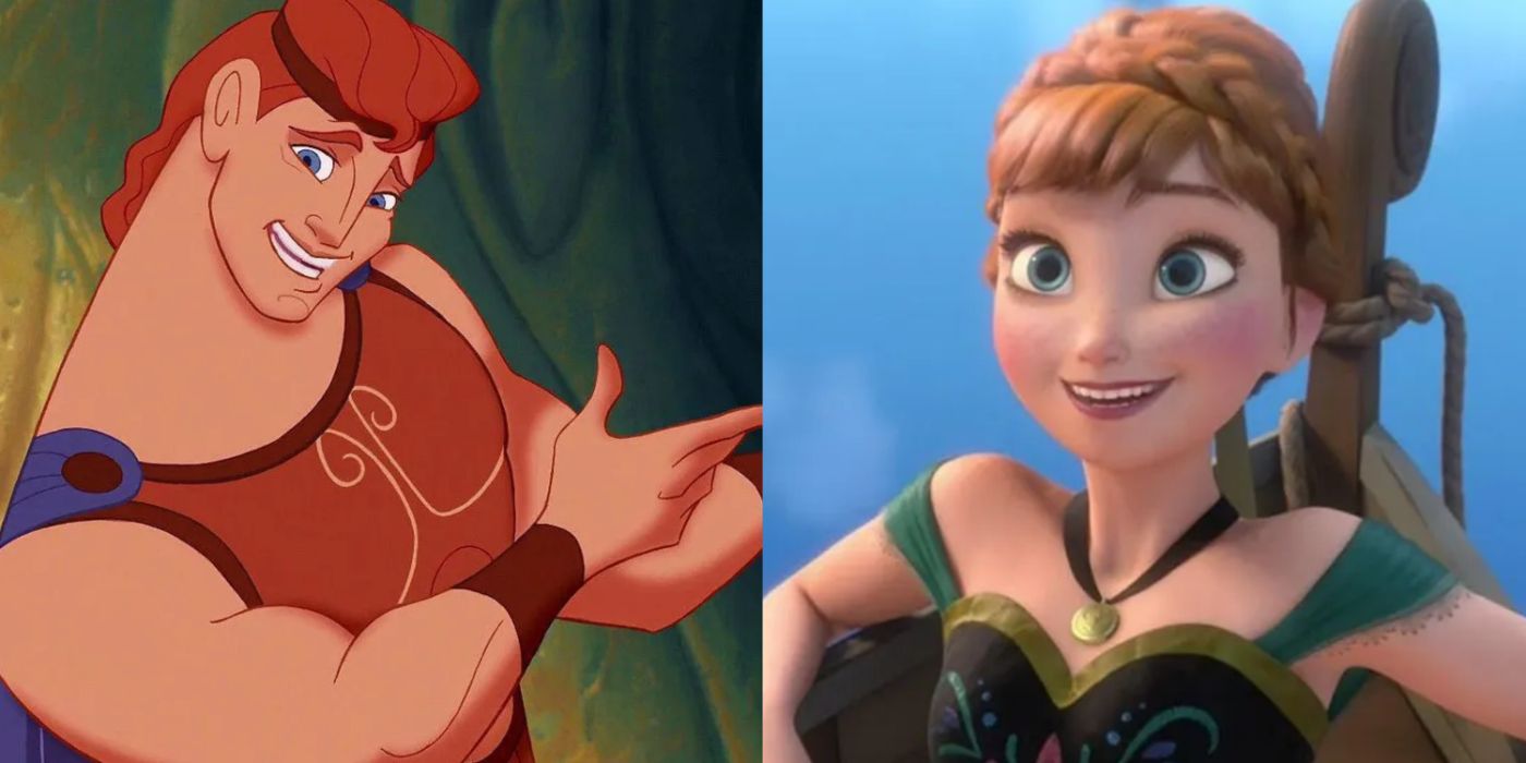 Hercules motioning to the side in Disney's Hercules and Anna laying back in a boat in Frozen.