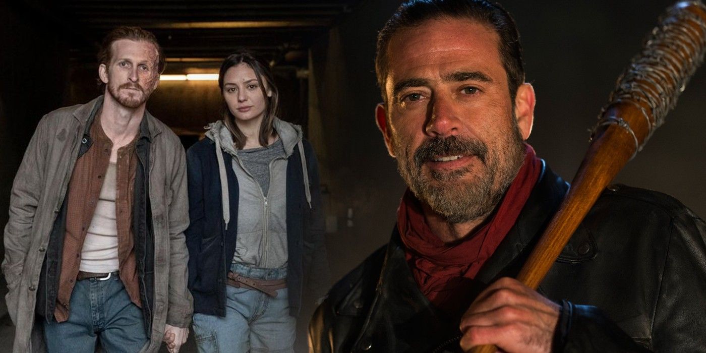 Negan from TWD holds his bat in front of Dwight and Sherry from FTWD