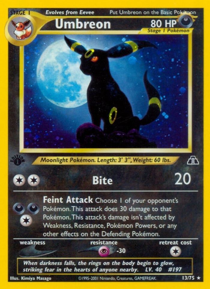 Uma carta Pokémon Umbreon do conjunto Neo Discovery