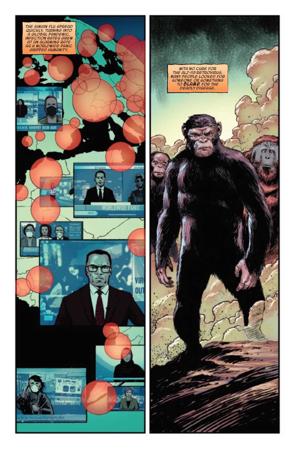 News report of apes rising in Planet of the Apes #1