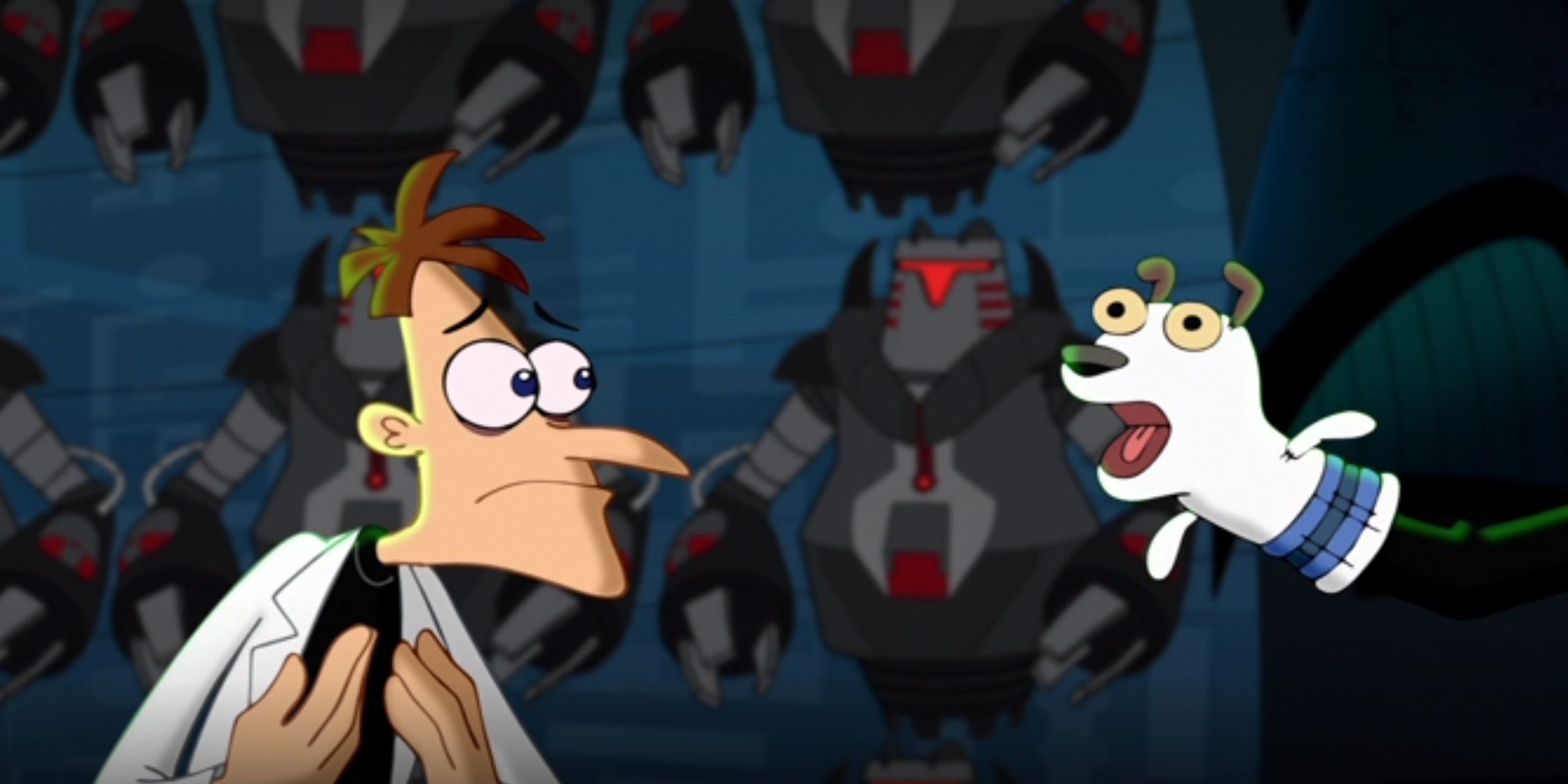 Doofenshmirtz conversa com um boneco em Phineas & Ferb.