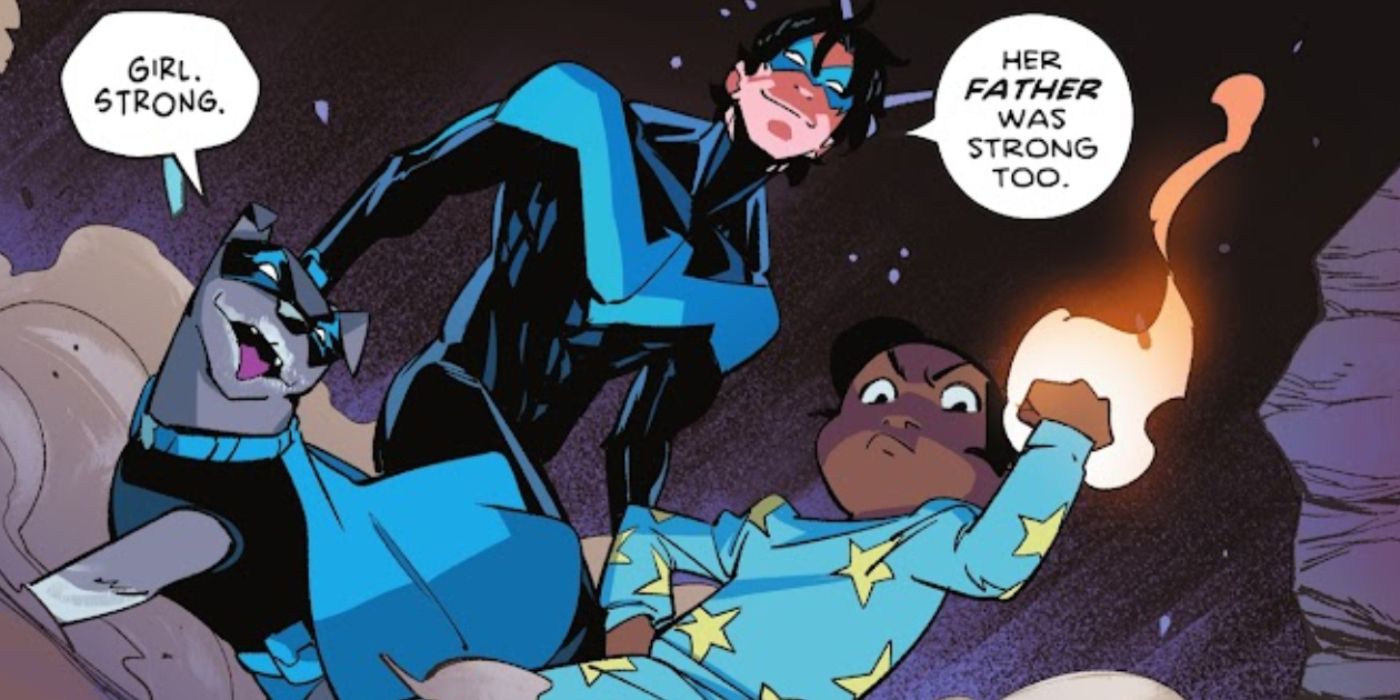 Nightwing, Olivia e Bitwing lutando juntos depois que ela usa seus poderes