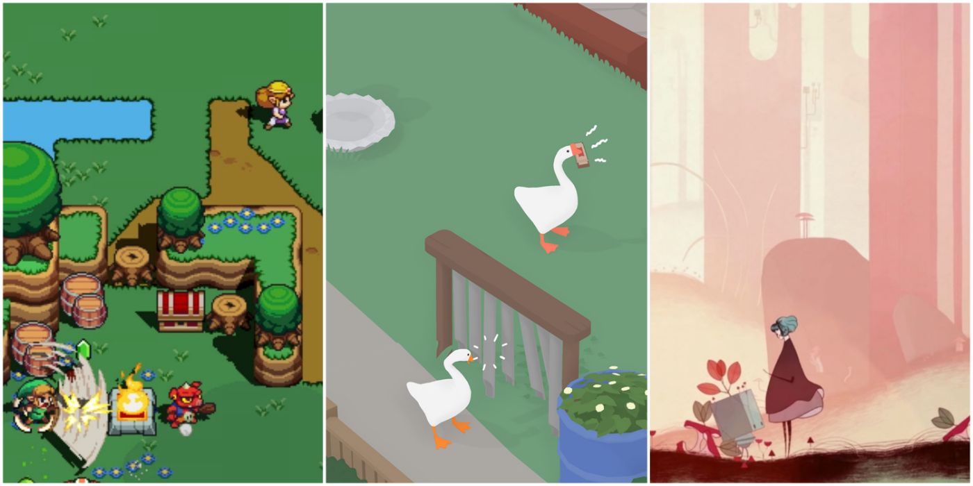 A split image showing Cadence of Hyrule, Untitled Goose Game, and Gris on Switch.