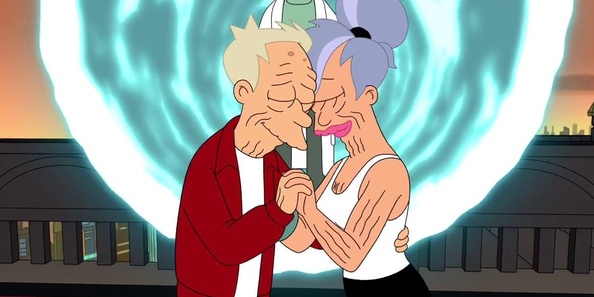 An older Fry and Leela embrace in front of a portal in Futurama's "Meanwhile"