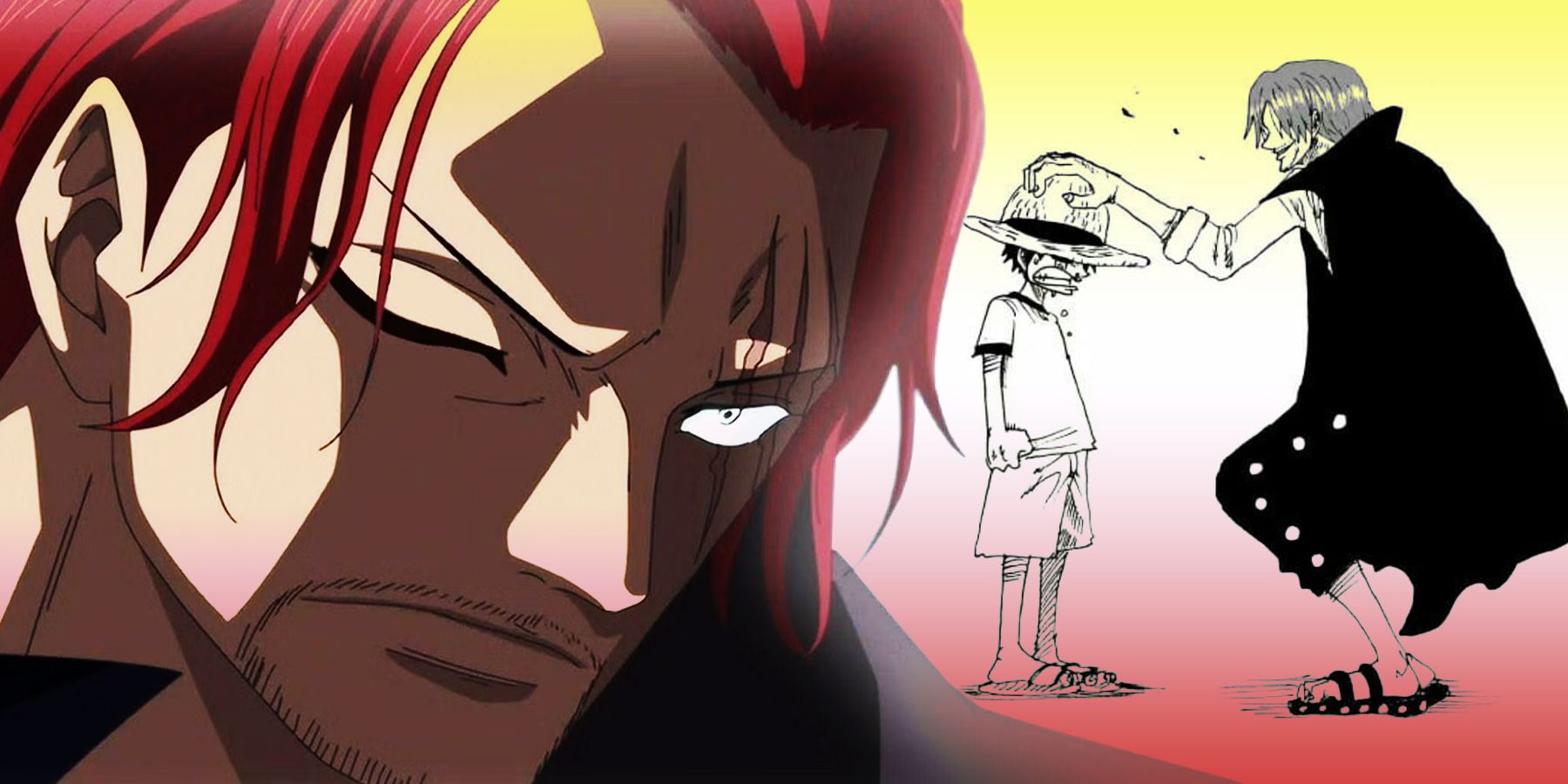 On the left, Shanks glares into the distance. On the right, a manga illustration shows Shanks putting his straw hat on a young Luffy.